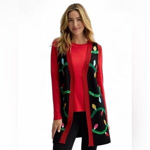 Women's Sleeveless Holiday Christmas Lights Open Front Sweater Vest Small Tinsel